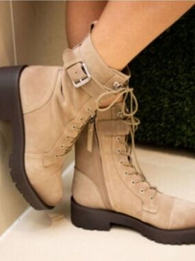Sam Edelman Tan Suede Lace-Up Combat Boots with Buckle Junip Size 7